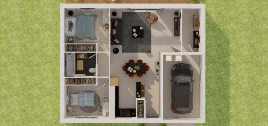 Plan de maison Surface terrain 71 m2 - 3 pièces - 2  chambres -  avec garage 