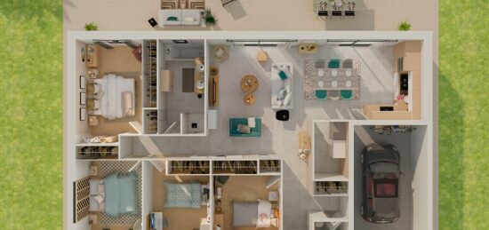 Plan de maison Surface terrain 101 m2 - 5 pièces - 4  chambres -  avec garage 