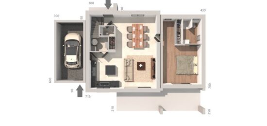 Plan de maison Surface terrain 105 m2 - 4 pièces - 3  chambres -  avec garage 