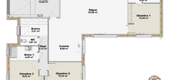 Plan de maison Surface terrain 94 m2 - 4 pièces - 3  chambres -  avec garage 